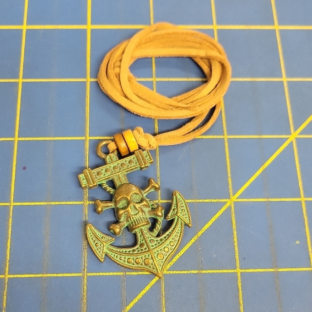 Turquiose Bronze 2" Anchor Skull Pendant 28" Suede Necklace
